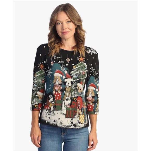Jess And Jane Tops - Jess & Jane Feliz Navidad Womens Christmas Print Cotton Top ABSTRACT PRINT Sm